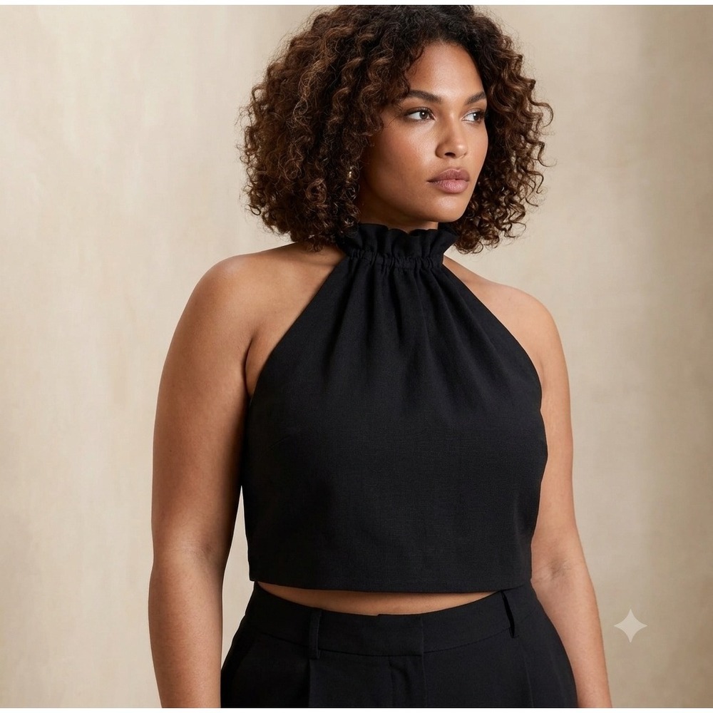 NWT Banana Republic Linen Blend Cropped High Neck Tie Zip Back Top Black Size 20